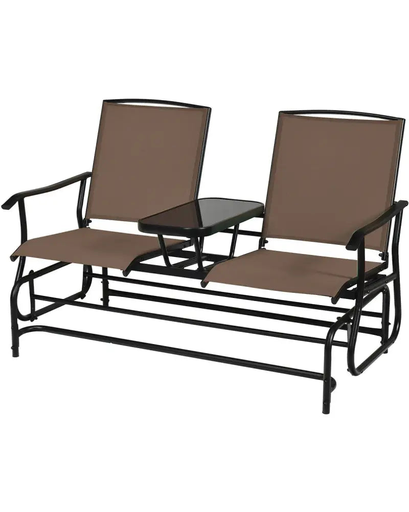 2-Person Double Rocking Loveseat with Mesh Fabric and Center Tempered Glass Table-Brown - Brown - Patio Conversation
