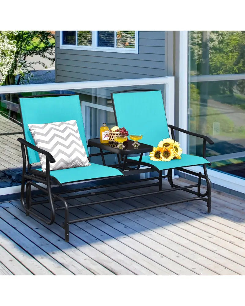 2-Person Double Rocking Loveseat with Mesh Fabric and Center Tempered Glass Table-Turquoise - Turquoise - Patio
