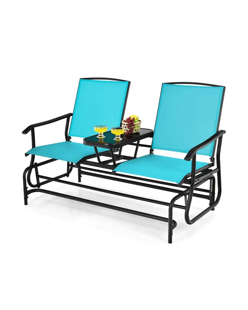 2-Person Double Rocking Loveseat with Mesh Fabric and Center Tempered Glass Table-Turquoise - Turquoise - Patio