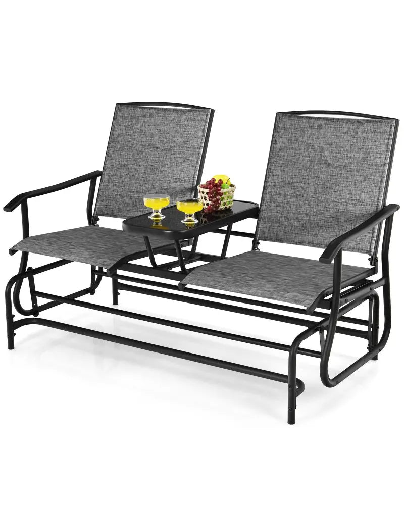 2-Person Double Rocking Loveseat with Mesh Fabric and Center Tempered Glass Table-Gray - Gray - Patio Conversation Sets