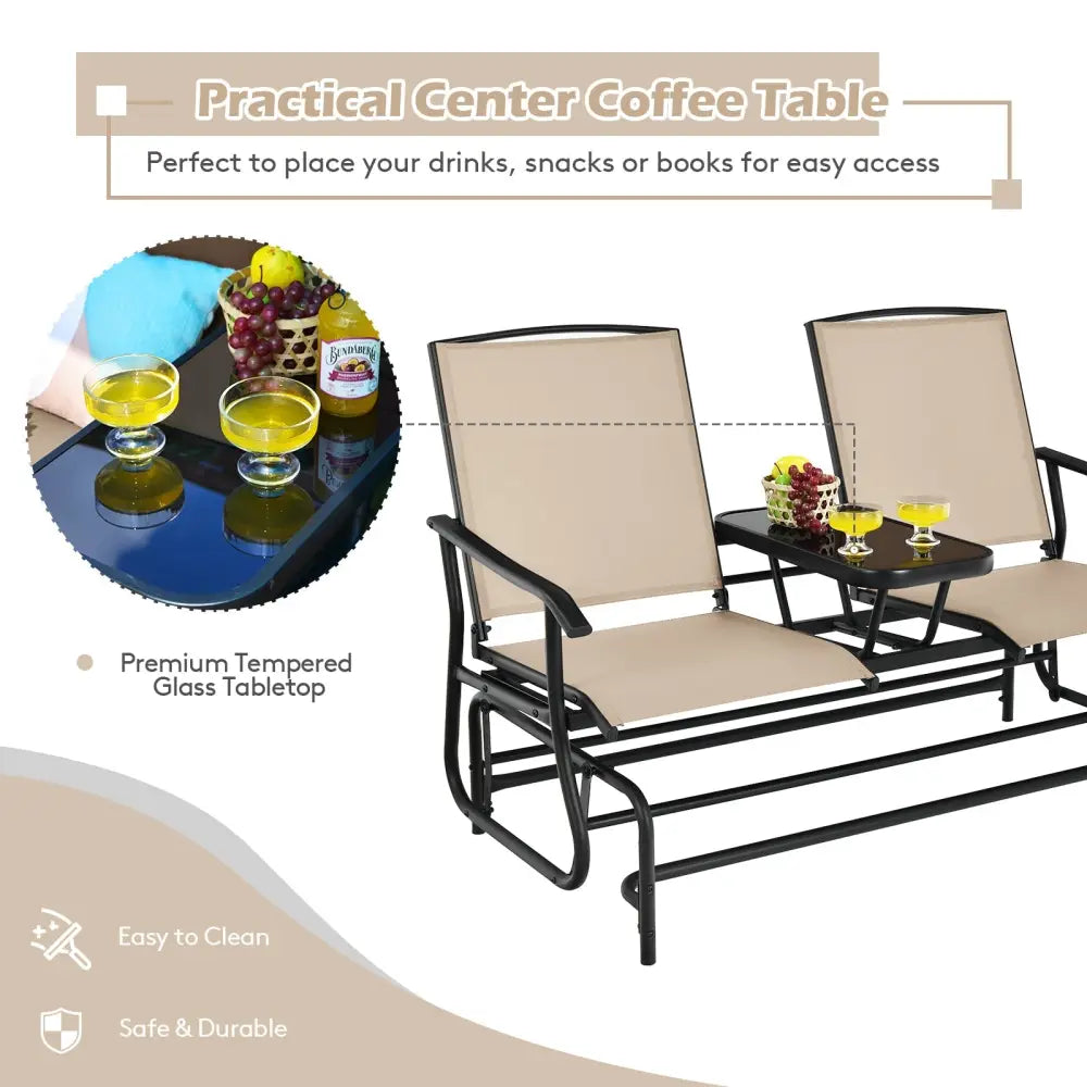 2-Person Double Rocking Loveseat with Mesh Fabric and Center Tempered Glass Table - Beige - Patio Conversation Sets