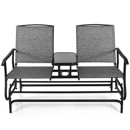 2-Person Double Rocking Loveseat with Mesh Fabric and Center Tempered Glass Table-Gray - Gray - Patio Conversation Sets