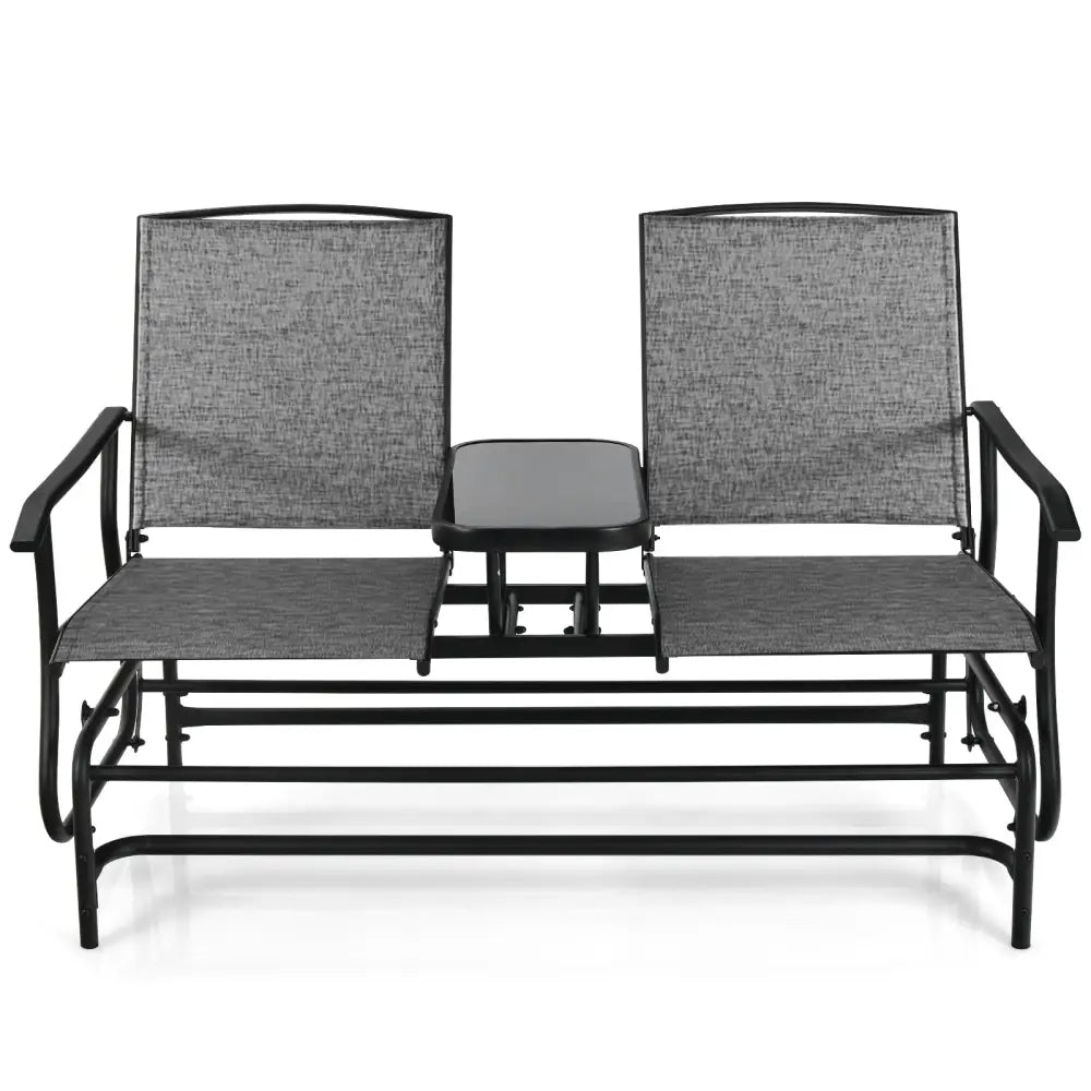 2-Person Double Rocking Loveseat with Mesh Fabric and Center Tempered Glass Table-Gray - Gray - Patio Conversation Sets