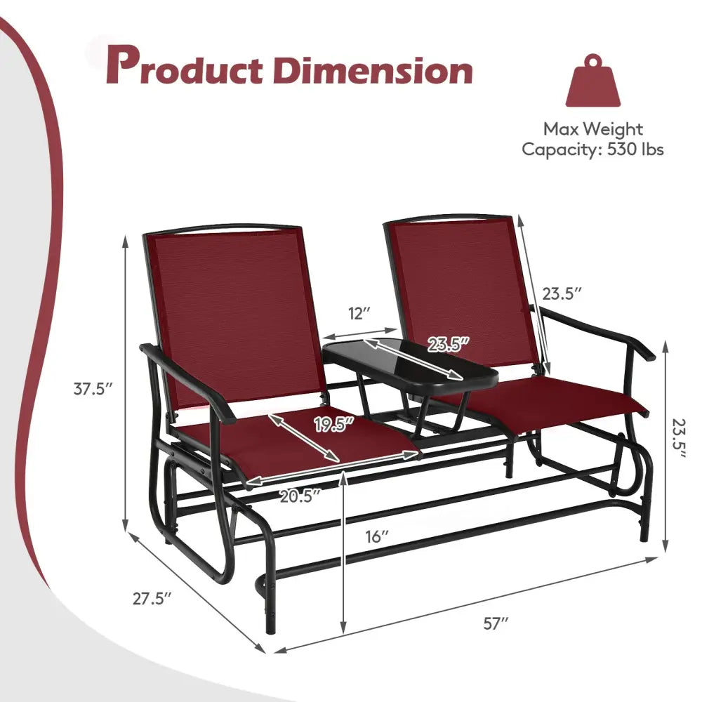 2-Person Double Rocking Loveseat with Mesh Fabric and Center Tempered Glass Table-Red - Red - Patio Conversation Sets