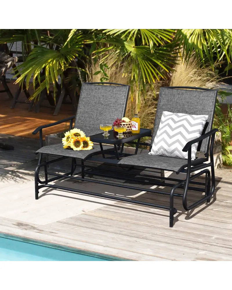 2-Person Double Rocking Loveseat with Mesh Fabric and Center Tempered Glass Table-Gray - Gray - Patio Conversation Sets
