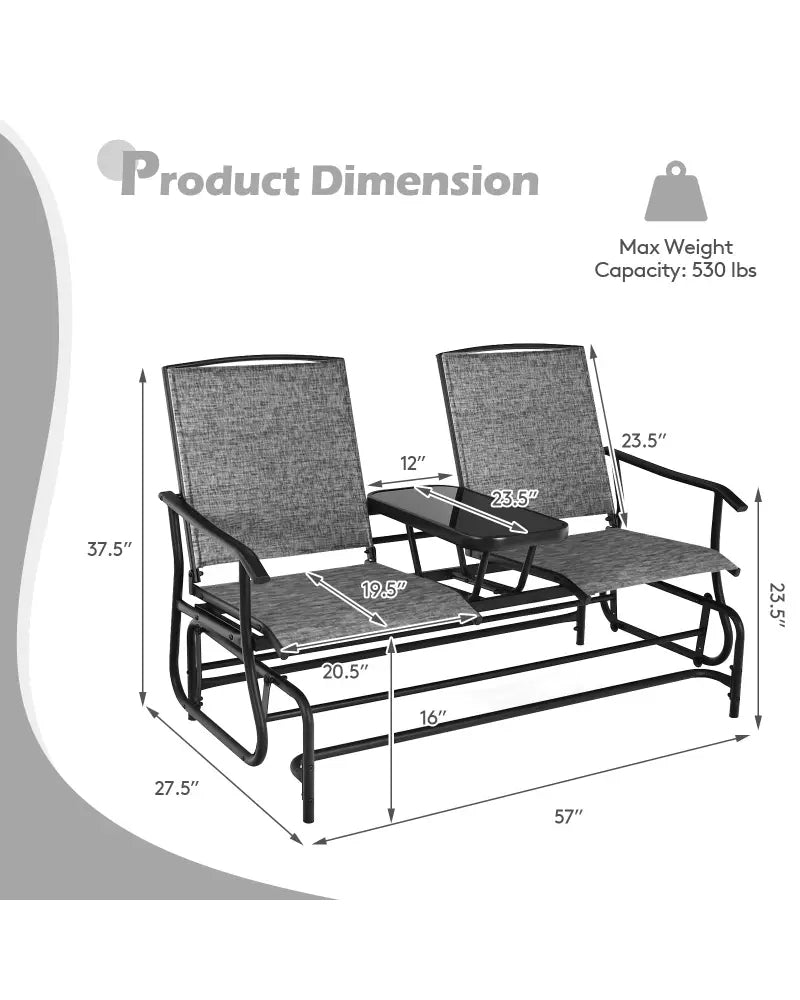 2-Person Double Rocking Loveseat with Mesh Fabric and Center Tempered Glass Table-Gray - Gray - Patio Conversation Sets