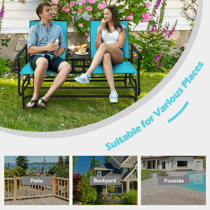2-Person Double Rocking Loveseat with Mesh Fabric and Center Tempered Glass Table-Turquoise - Turquoise - Patio
