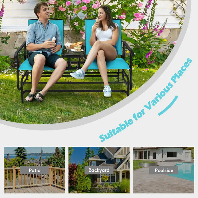 2-Person Double Rocking Loveseat with Mesh Fabric and Center Tempered Glass Table-Turquoise - Turquoise - Patio