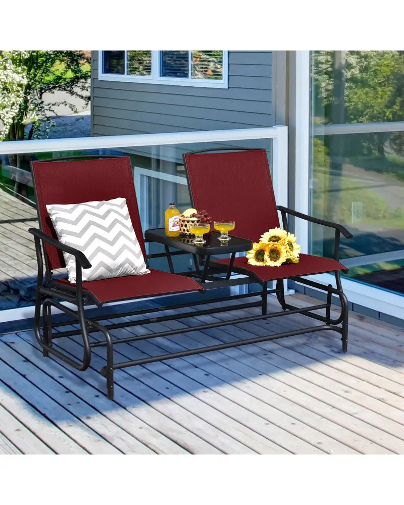 2-Person Double Rocking Loveseat with Mesh Fabric and Center Tempered Glass Table-Red - Red - Patio Conversation Sets