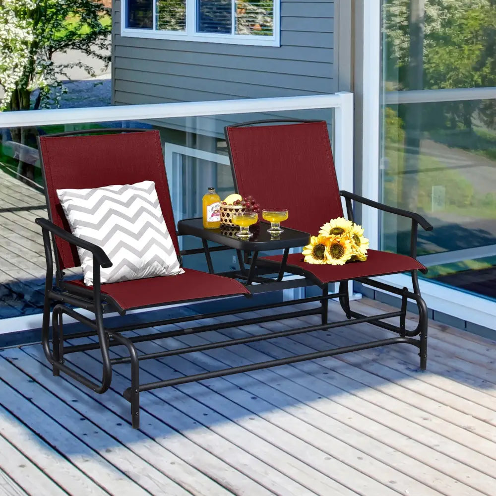 2-Person Double Rocking Loveseat with Mesh Fabric and Center Tempered Glass Table-Red - Red - Patio Conversation Sets