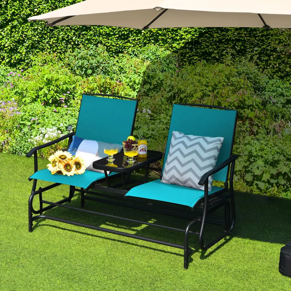 2-Person Double Rocking Loveseat with Mesh Fabric and Center Tempered Glass Table-Turquoise - Turquoise - Patio