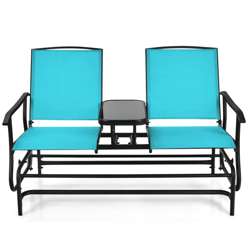 2-Person Double Rocking Loveseat with Mesh Fabric and Center Tempered Glass Table-Turquoise - Turquoise - Patio