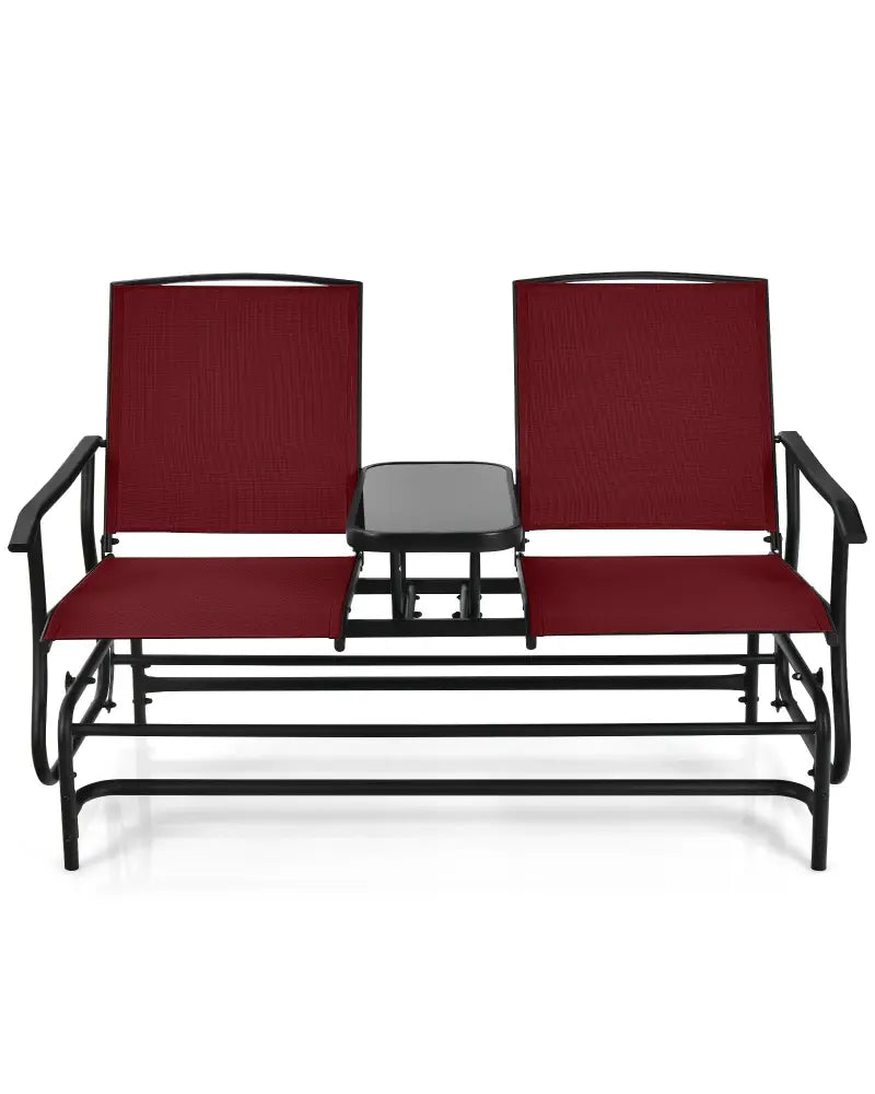 2-Person Double Rocking Loveseat with Mesh Fabric and Center Tempered Glass Table-Red - Red - Patio Conversation Sets