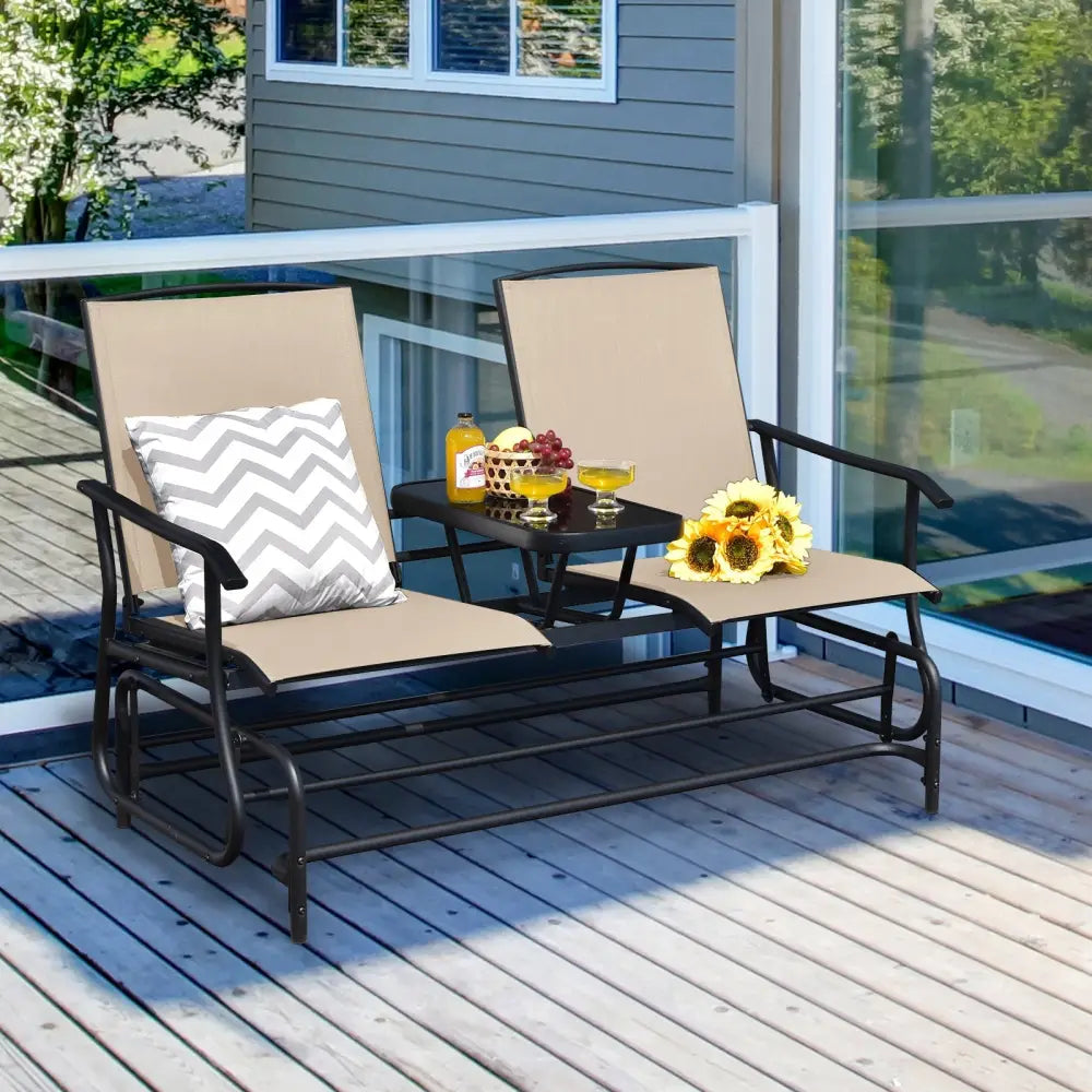 2-Person Double Rocking Loveseat with Mesh Fabric and Center Tempered Glass Table - Beige - Patio Conversation Sets