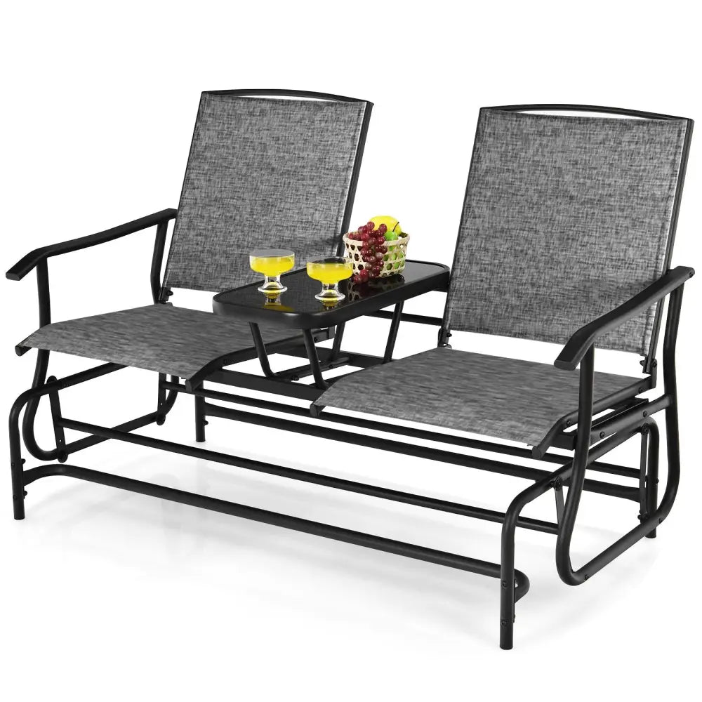 2-Person Double Rocking Loveseat with Mesh Fabric and Center Tempered Glass Table-Gray - Gray - Patio Conversation Sets