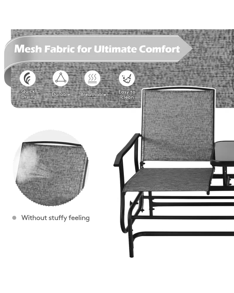 2-Person Double Rocking Loveseat with Mesh Fabric and Center Tempered Glass Table-Gray - Gray - Patio Conversation Sets
