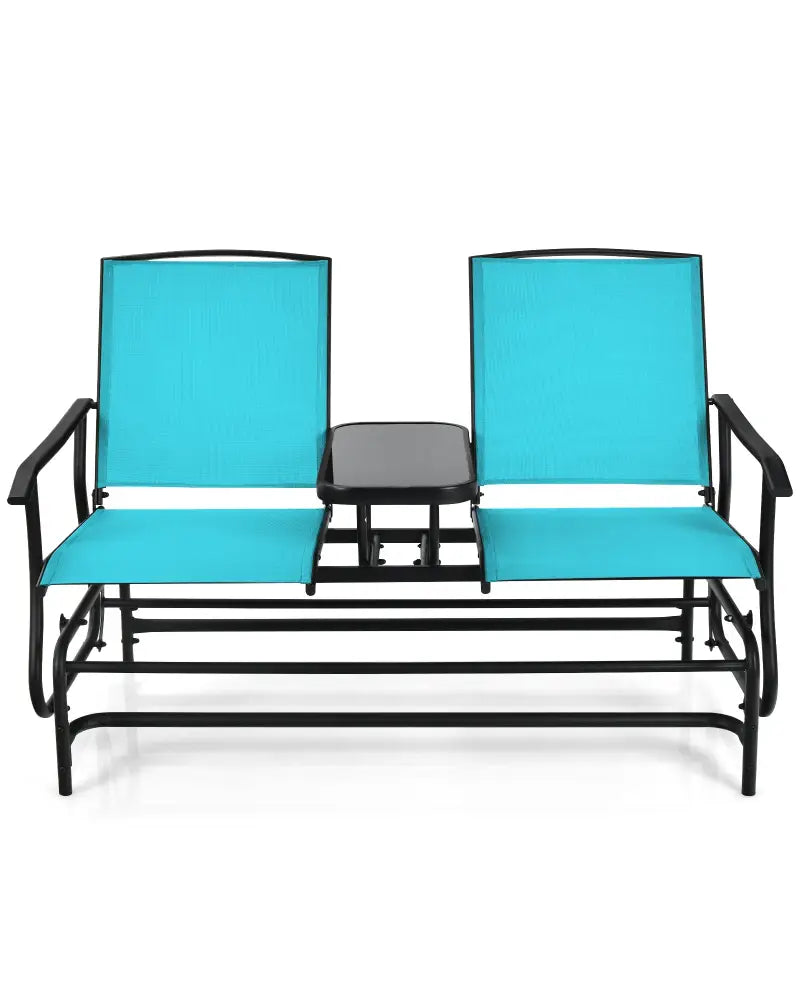 2-Person Double Rocking Loveseat with Mesh Fabric and Center Tempered Glass Table-Turquoise - Turquoise - Patio