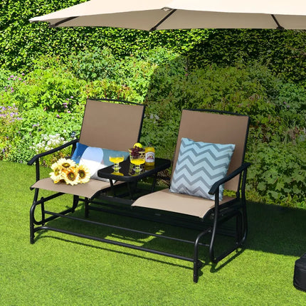 2-Person Double Rocking Loveseat with Mesh Fabric and Center Tempered Glass Table - Beige - Patio Conversation Sets