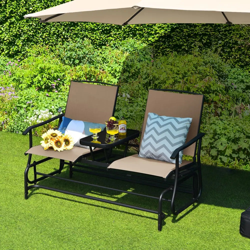 2-Person Double Rocking Loveseat with Mesh Fabric and Center Tempered Glass Table - Beige - Patio Conversation Sets