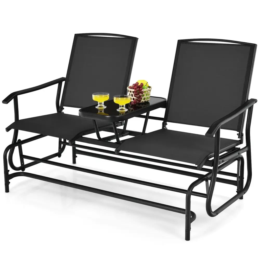 2-Person Double Rocking Loveseat with Mesh Fabric and Center Tempered Glass Table-Black - Black - Patio Conversation
