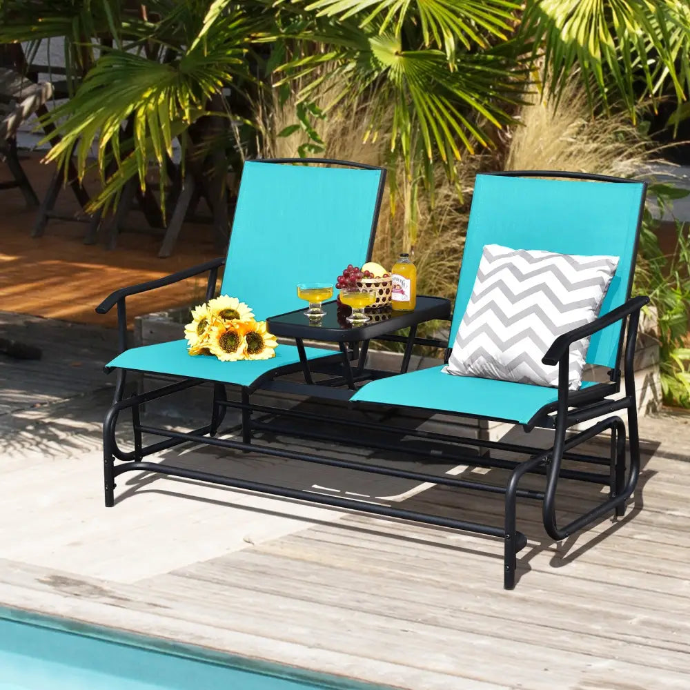 2-Person Double Rocking Loveseat with Mesh Fabric and Center Tempered Glass Table-Turquoise - Turquoise - Patio