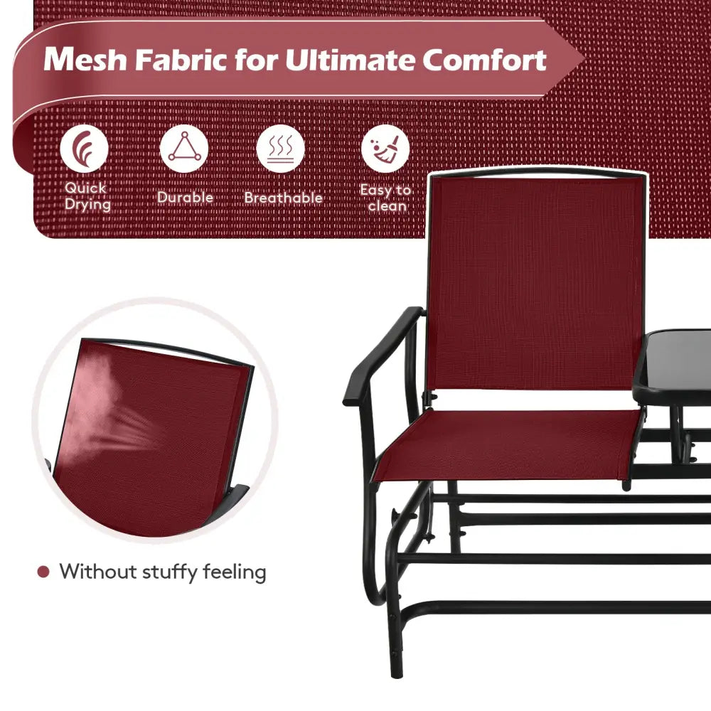 2-Person Double Rocking Loveseat with Mesh Fabric and Center Tempered Glass Table-Red - Red - Patio Conversation Sets