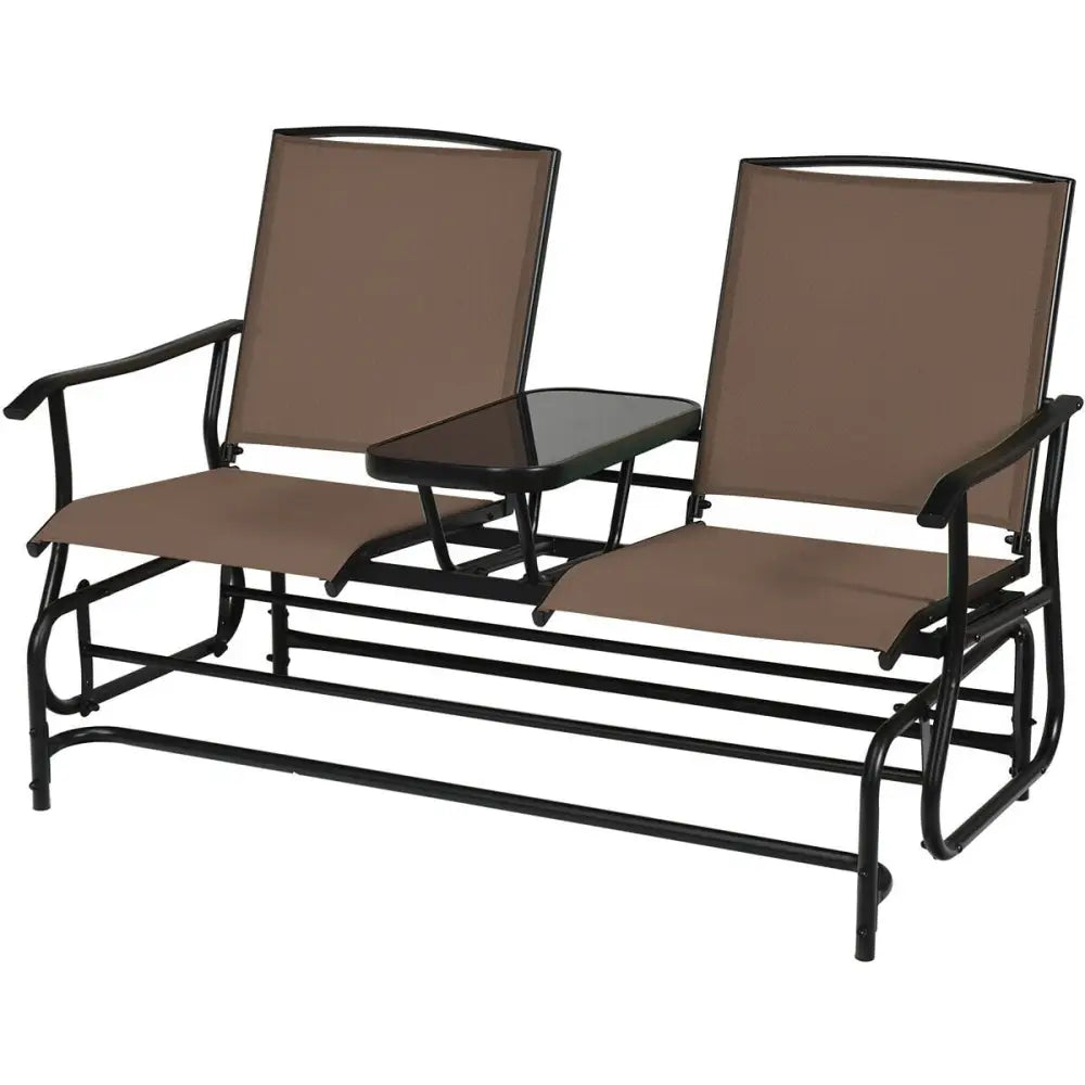 2-Person Double Rocking Loveseat with Mesh Fabric and Center Tempered Glass Table-Brown - Brown - Patio Conversation
