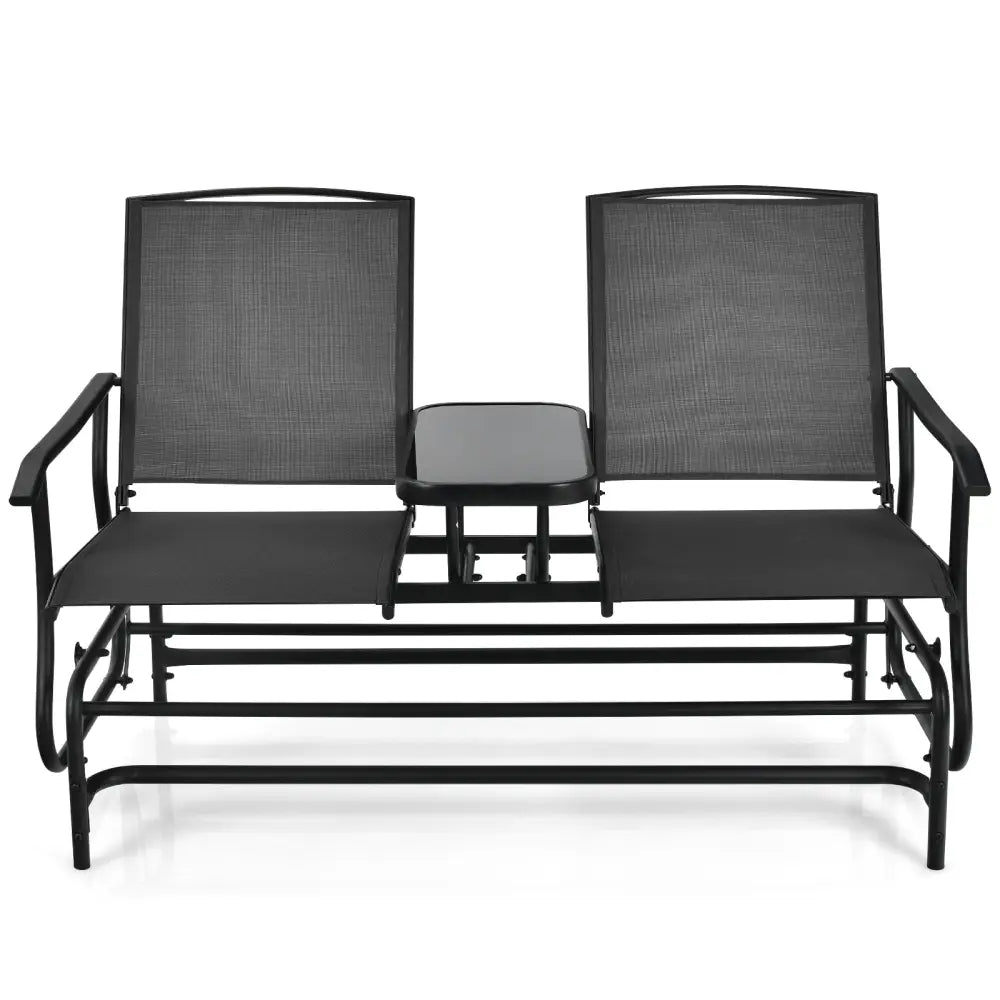 2-Person Double Rocking Loveseat with Mesh Fabric and Center Tempered Glass Table-Black - Black - Patio Conversation