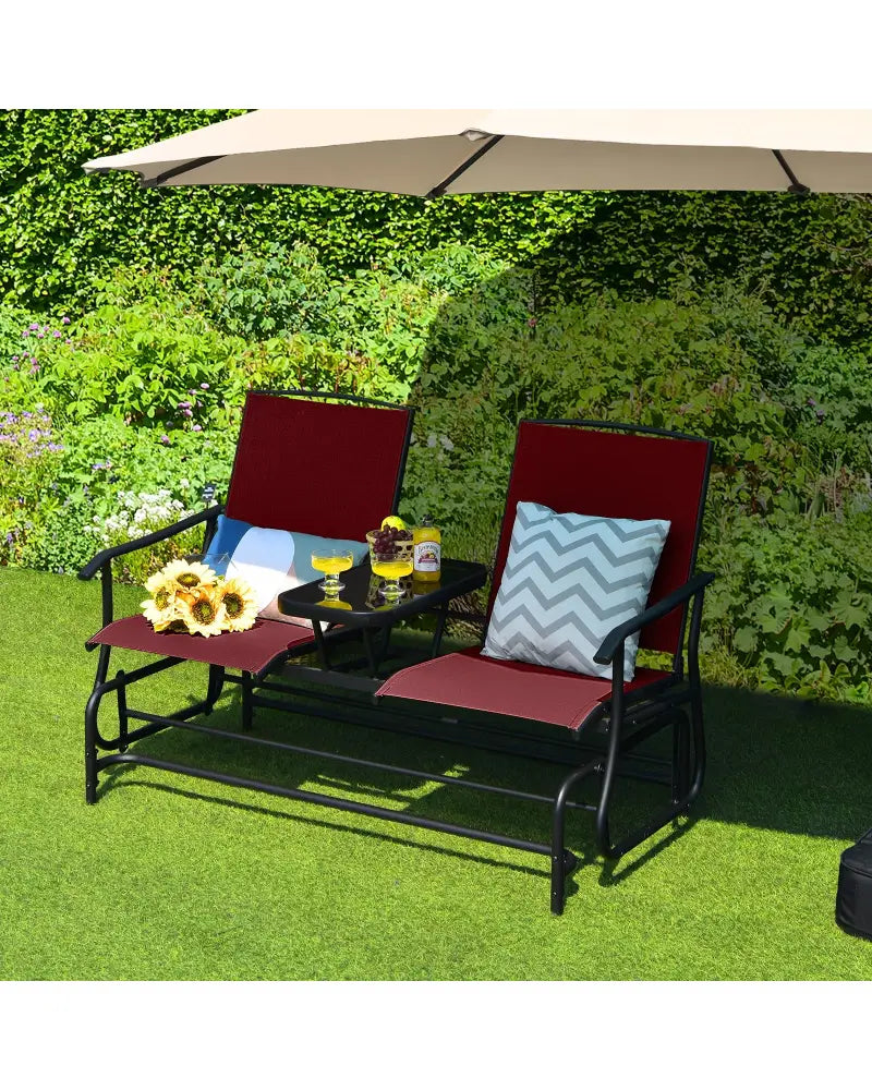 2-Person Double Rocking Loveseat with Mesh Fabric and Center Tempered Glass Table-Red - Red - Patio Conversation Sets