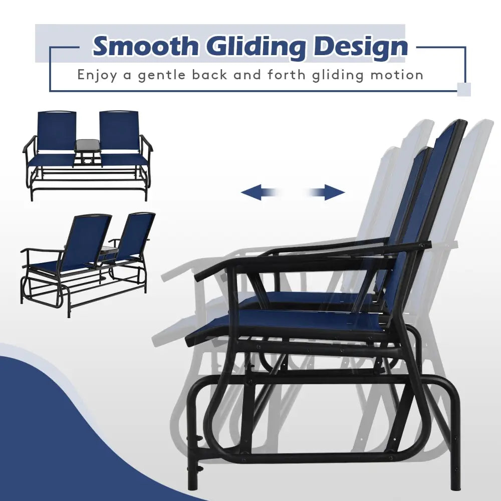 2-Person Double Rocking Loveseat with Mesh Fabric and Center Tempered Glass Table-Navy - Navy - Patio Conversation Sets