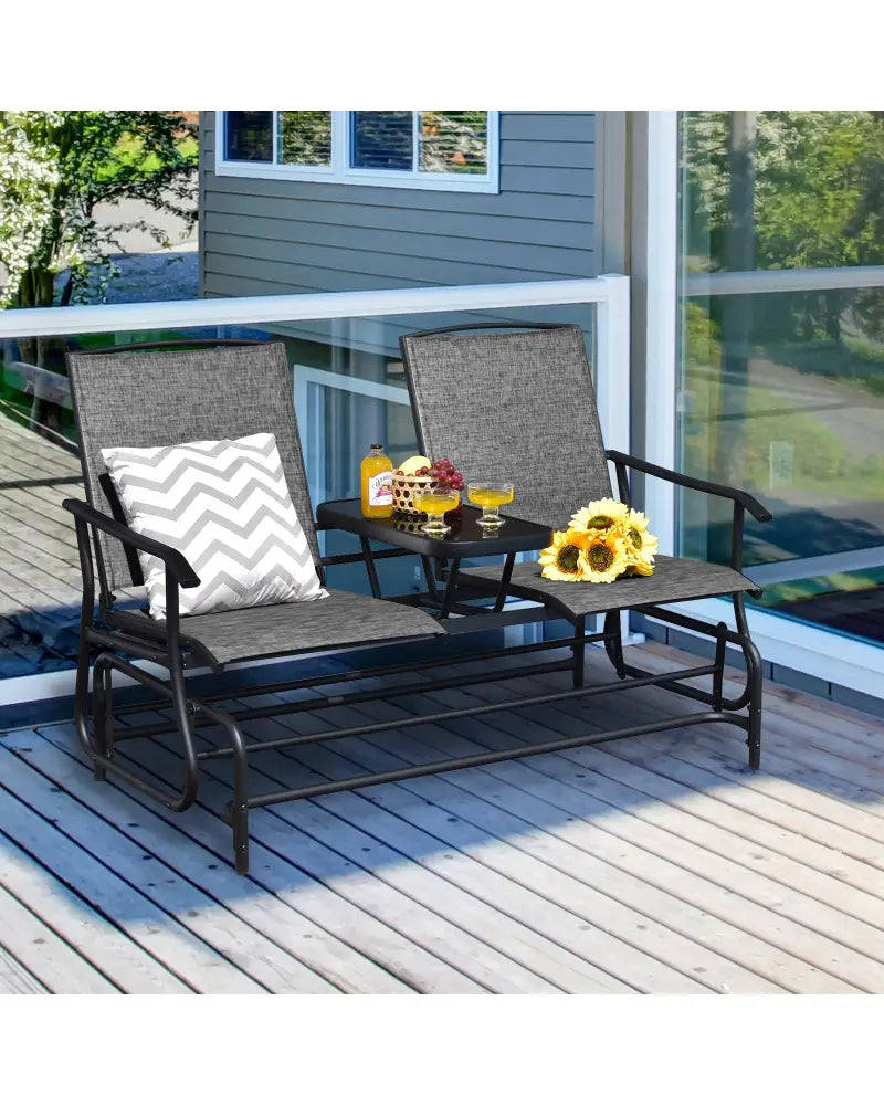 2-Person Double Rocking Loveseat with Mesh Fabric and Center Tempered Glass Table-Gray - Gray - Patio Conversation Sets