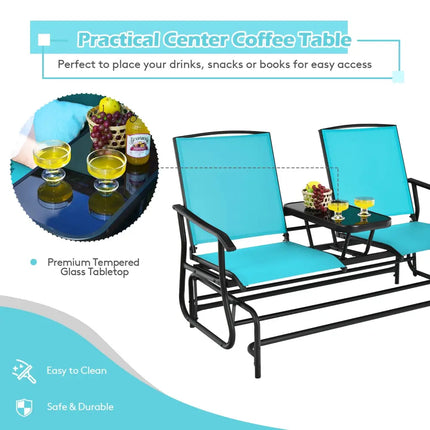 2-Person Double Rocking Loveseat with Mesh Fabric and Center Tempered Glass Table-Turquoise - Turquoise - Patio