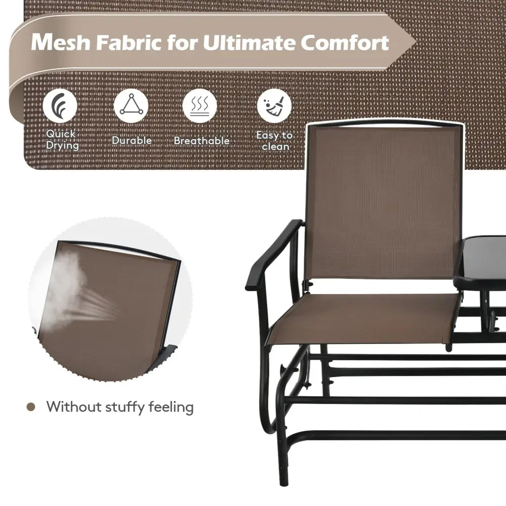 2-Person Double Rocking Loveseat with Mesh Fabric and Center Tempered Glass Table-Brown - Brown - Patio Conversation