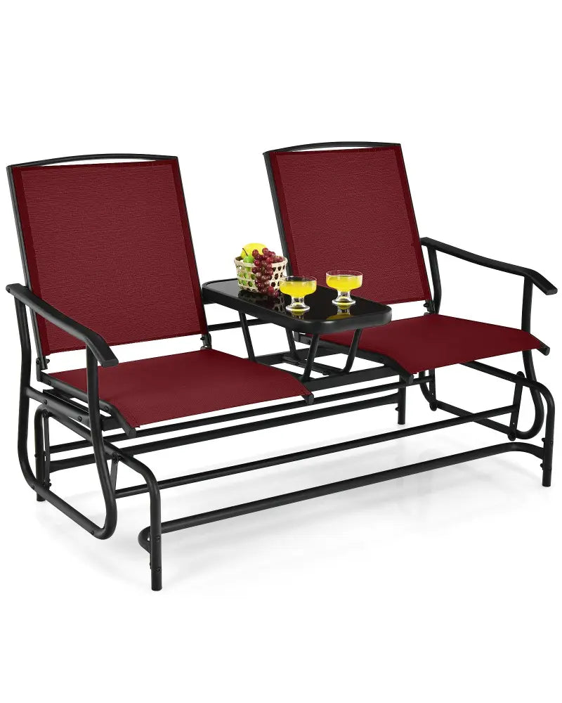 2-Person Double Rocking Loveseat with Mesh Fabric and Center Tempered Glass Table-Red - Red - Patio Conversation Sets