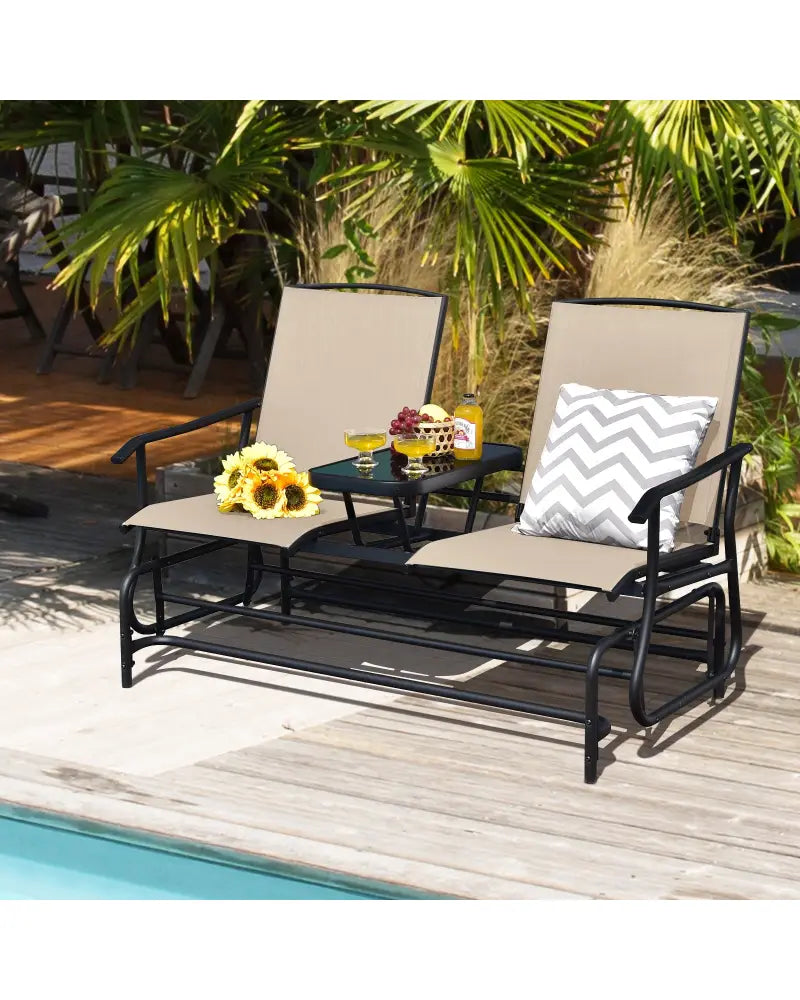 2-Person Double Rocking Loveseat with Mesh Fabric and Center Tempered Glass Table - Beige - Patio Conversation Sets