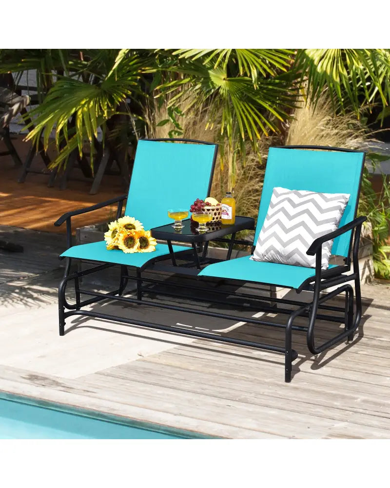 2-Person Double Rocking Loveseat with Mesh Fabric and Center Tempered Glass Table-Turquoise - Turquoise - Patio