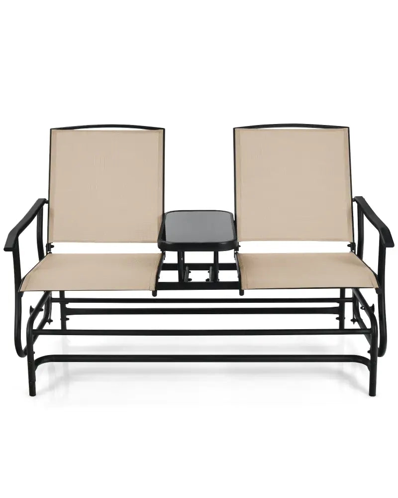 2-Person Double Rocking Loveseat with Mesh Fabric and Center Tempered Glass Table - Beige - Patio Conversation Sets