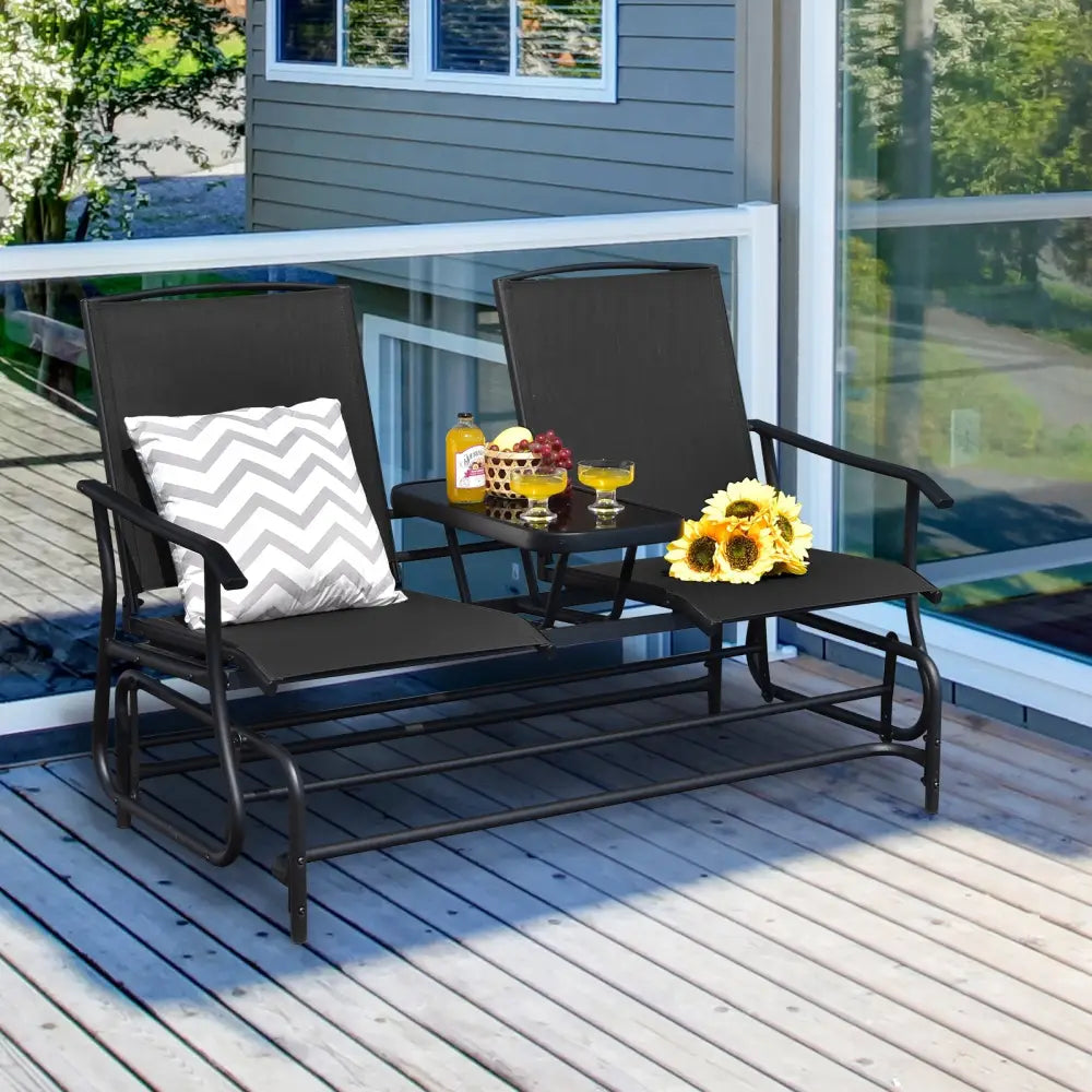 2-Person Double Rocking Loveseat with Mesh Fabric and Center Tempered Glass Table-Black - Black - Patio Conversation