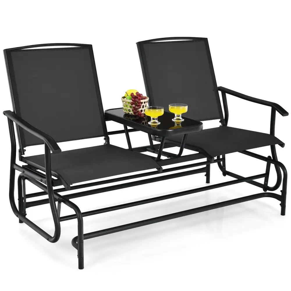 2-Person Double Rocking Loveseat with Mesh Fabric and Center Tempered Glass Table-Black - Black - Patio Conversation