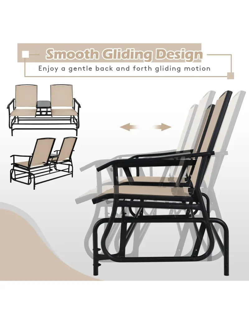 2-Person Double Rocking Loveseat with Mesh Fabric and Center Tempered Glass Table - Beige - Patio Conversation Sets
