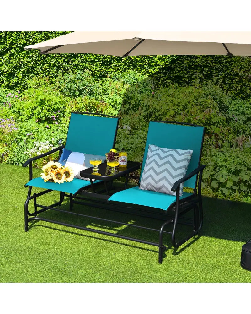 2-Person Double Rocking Loveseat with Mesh Fabric and Center Tempered Glass Table-Turquoise - Turquoise - Patio