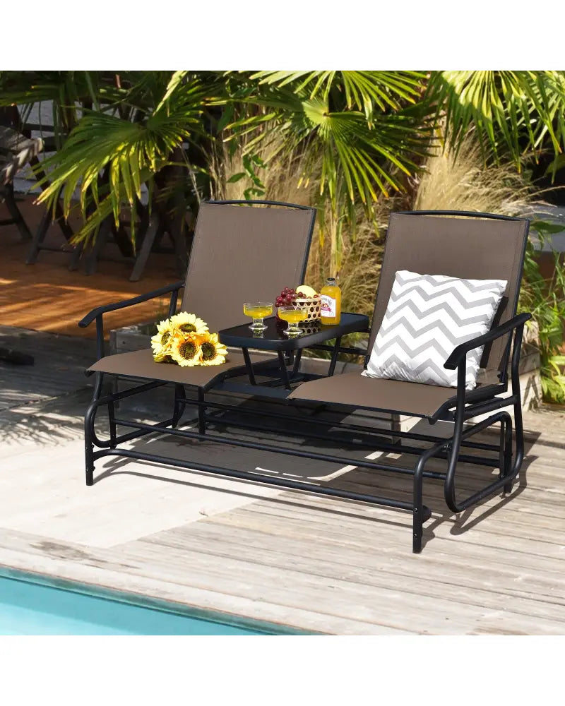2-Person Double Rocking Loveseat with Mesh Fabric and Center Tempered Glass Table-Brown - Brown - Patio Conversation