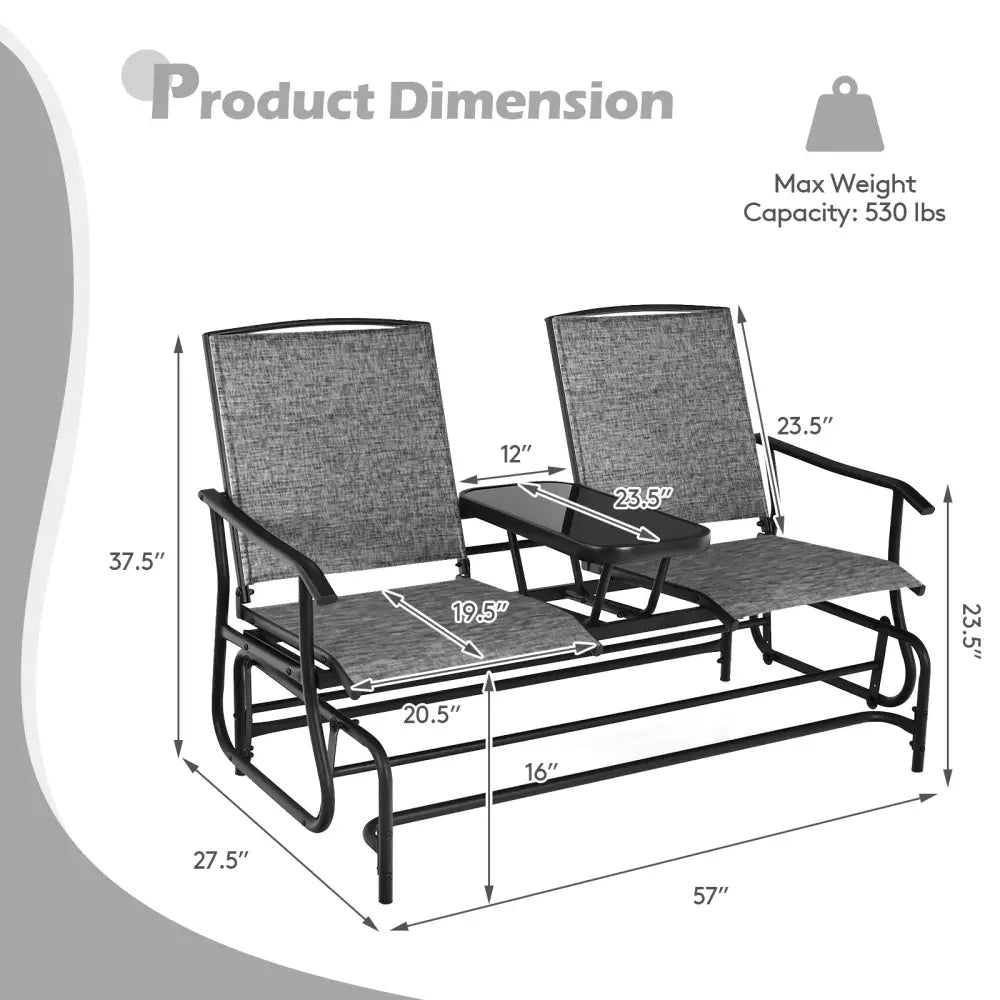 2-Person Double Rocking Loveseat with Mesh Fabric and Center Tempered Glass Table-Gray - Gray - Patio Conversation Sets