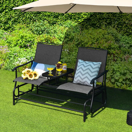 2-Person Double Rocking Loveseat with Mesh Fabric and Center Tempered Glass Table-Gray - Gray - Patio Conversation Sets