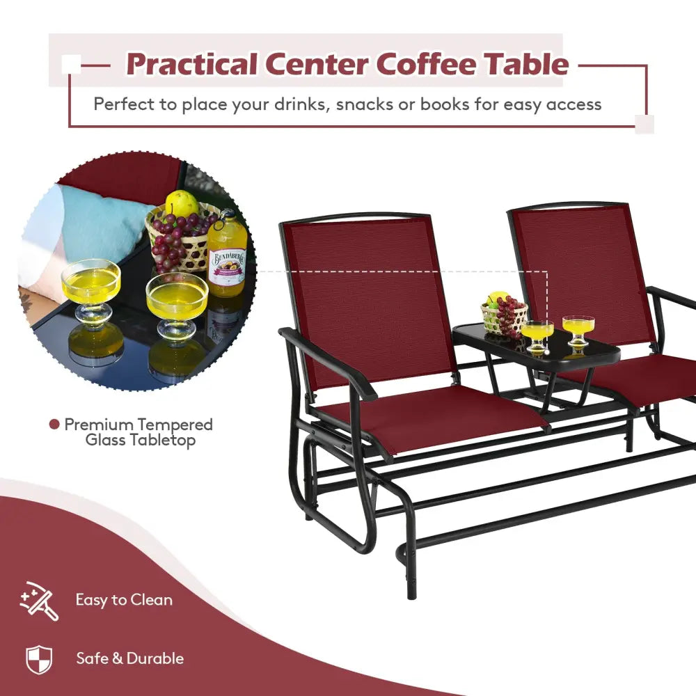 2-Person Double Rocking Loveseat with Mesh Fabric and Center Tempered Glass Table-Red - Red - Patio Conversation Sets