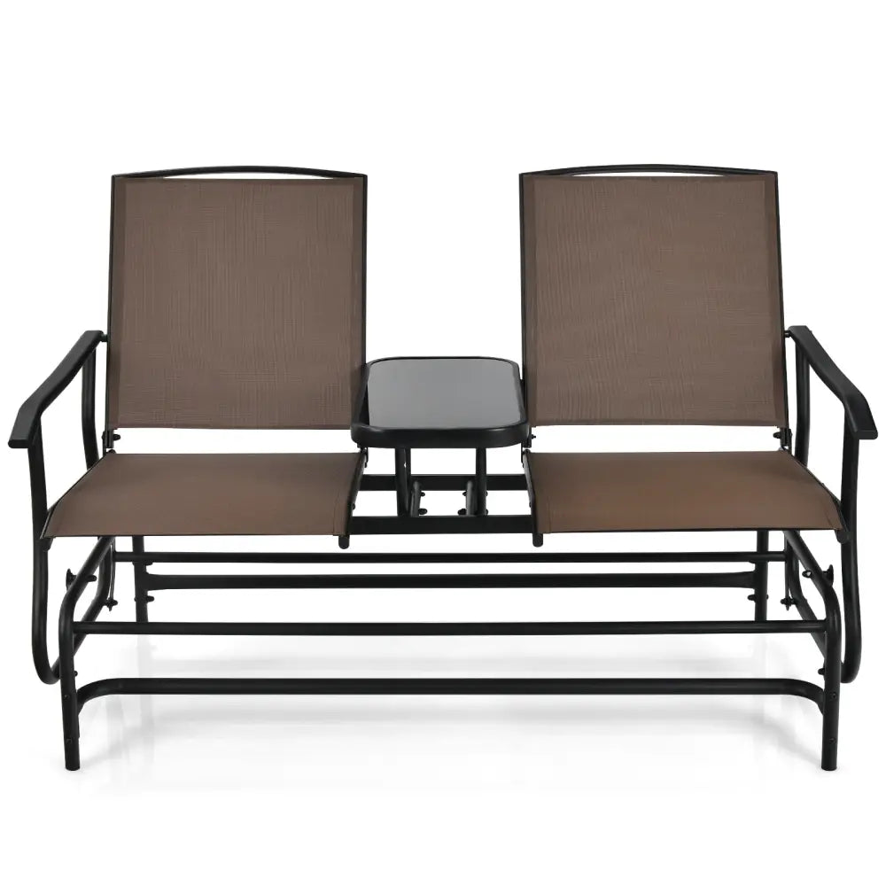 2-Person Double Rocking Loveseat with Mesh Fabric and Center Tempered Glass Table-Brown - Brown - Patio Conversation