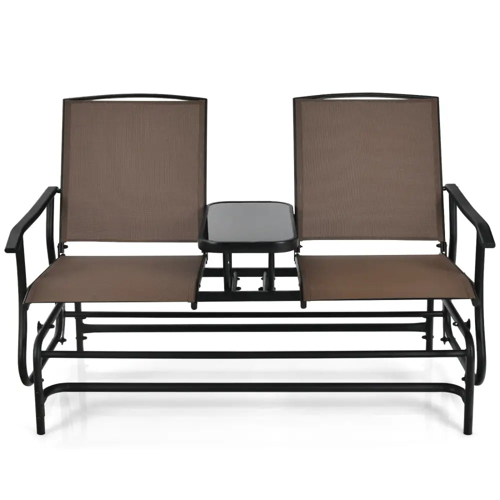 2-Person Double Rocking Loveseat with Mesh Fabric and Center Tempered Glass Table-Brown - Brown - Patio Conversation