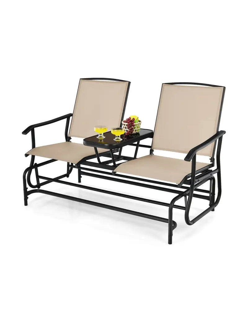 2-Person Double Rocking Loveseat with Mesh Fabric and Center Tempered Glass Table - Beige - Patio Conversation Sets