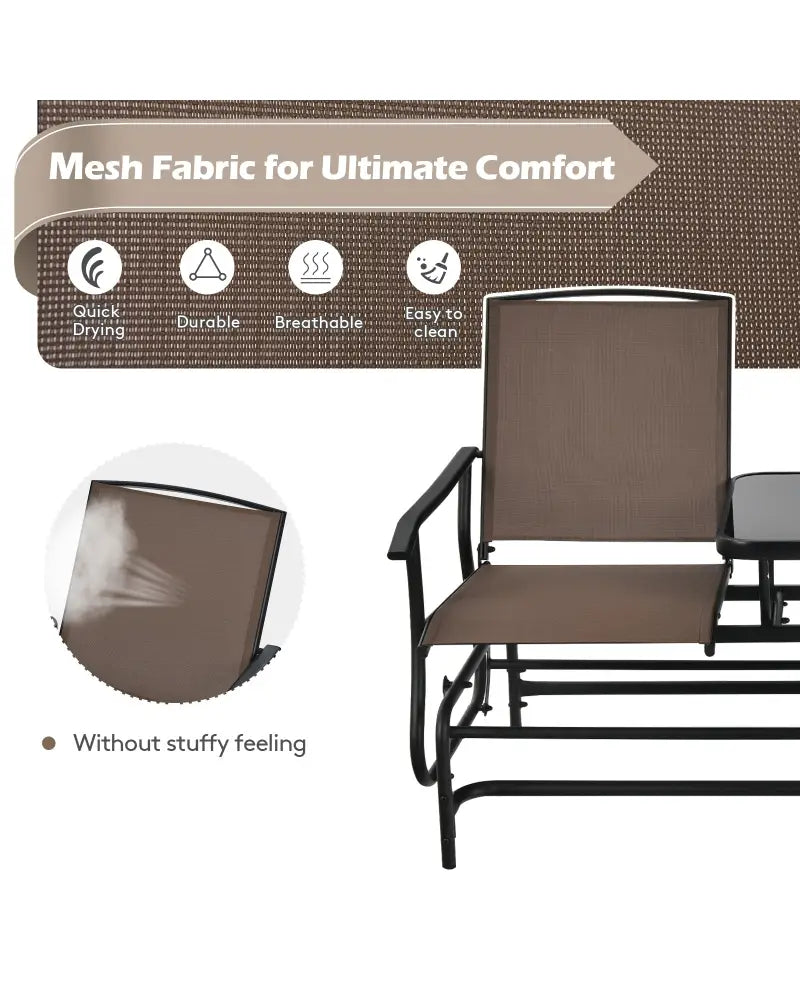 2-Person Double Rocking Loveseat with Mesh Fabric and Center Tempered Glass Table-Brown - Brown - Patio Conversation