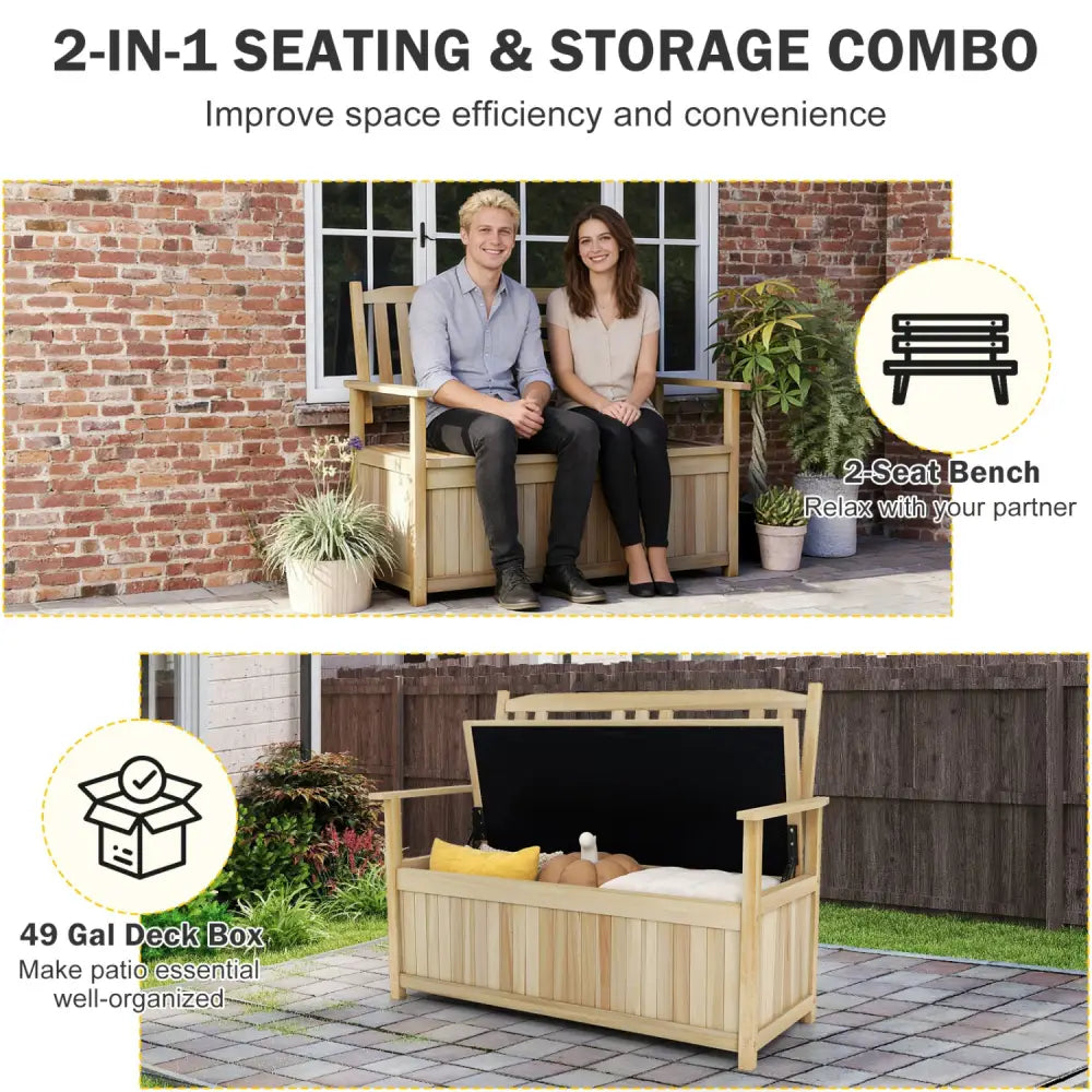 2-Person Garden Bench with 49 Gal Storage Bench and Backrestï»¿-Natural - Natural - Outdoor Benches